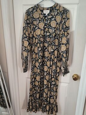 Cleobello Floral Long Sleeve Maxi Dress in Black and Gold